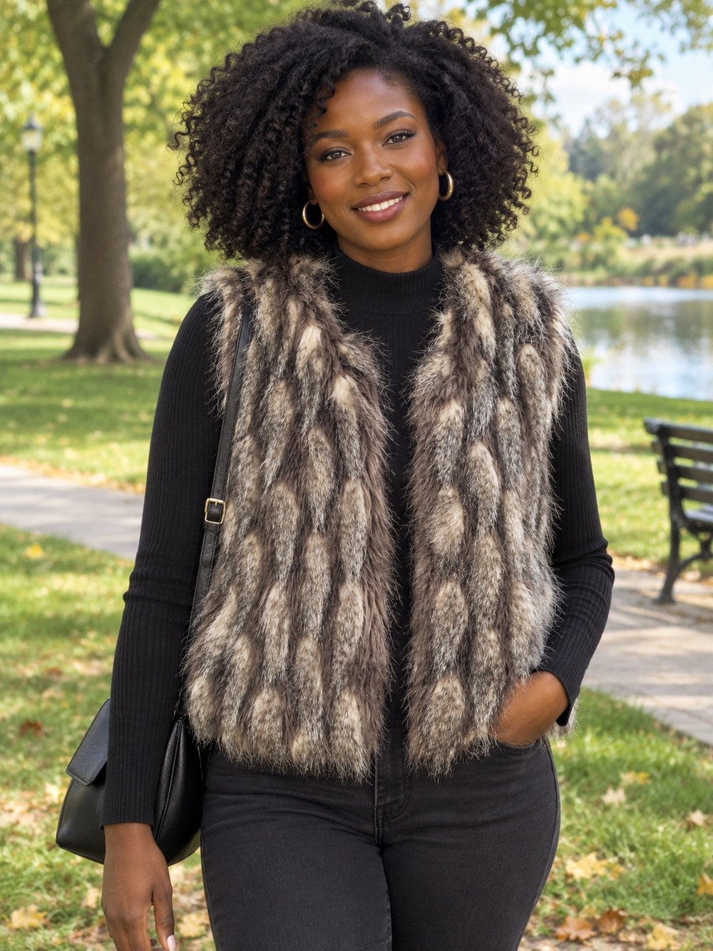 French Connection Open Front Faux Fur Vest in Brown Multi Tones. Ladies Small